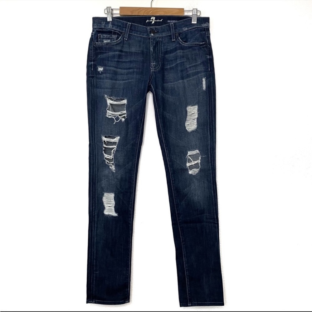 7 For All Mankind Roxanne Destroyed Beverly Glen Blue Ripped Straight Leg Jeans